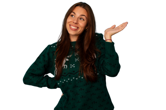 Woman in festive reindeer sweater smiling and presenting holiday season, transparent background