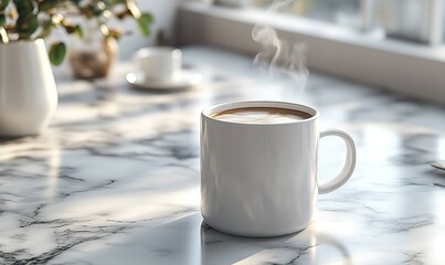 Obraz premium Morning coffee in a bright room, steam rising from a white mug