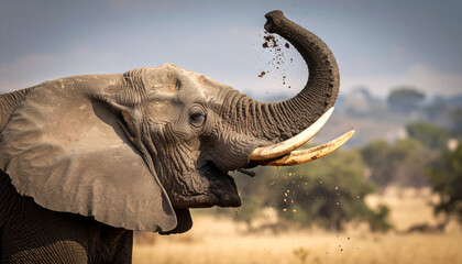 The elephant was sprinkling its body with dust