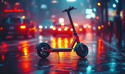 Electric scooter parked on a rainy city street at night with blurry lights