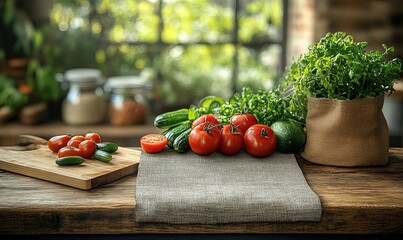 Freshly picked garden vegetables on a rustic wooden table with window light