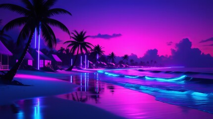 Neon Tropical Beach at Night with Bioluminescent Waves and Cyberpunk Aesthetic
