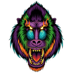 A vibrant, stylized illustration of a mandrill monkey with a fierce expression, showcasing detailed fur and glowing eyes.
