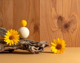 Zen still life with sunflowers, stones, and driftwood.