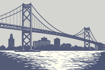 Naklejka premium Bridge lights shimmering over Detroit River Michigan