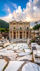 Ancient marbled library stands beneath a cloudy sky with marble slabs in foreground