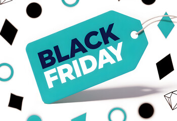 Modern Black Friday sale tag design with geometric shapes and contemporary typography on clean white background offers and holiday savings