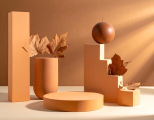 Autumnal Still Life with Geometric Shapes and Leaves.