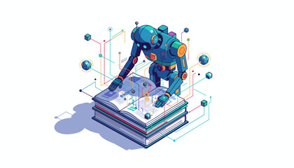 AI Robot Engaged in Deep Learning and Data Analysis on a Stack of Books, Representing Knowledge Acquisition and Automation Technology