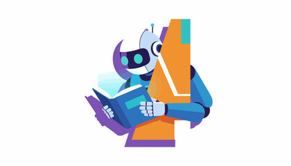 Artificial Intelligence Robot Reading a Book - Machine Learning and EdTech Concept Illustration