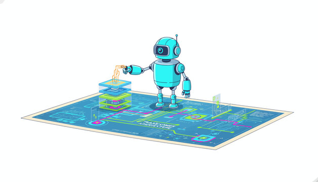 AI Robot Explaining Large Language Model (LLM) Transformer Architecture on a Technical Blueprint.