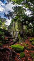 Ancient, moss-covered tree stump and roots in a lush, overgrown forest under blue sky