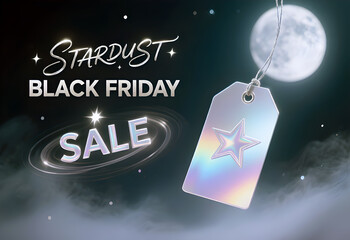 Stardust Black Friday Sale with Holographic Star Tag and Ethereal Moonlit Background for Holiday Shopping Promotions and Festive Season Deals