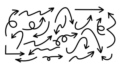 Black hand drawn line brush sketch arrows set. Doodle sketch curved and swirly arrows for infographic. Vector illustration