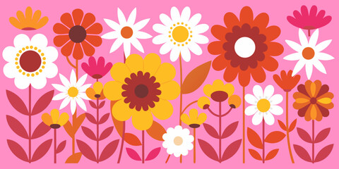 A seamless floral pattern with beautiful daisy and sunflower flowers in yellow and pink, perfect for summer and spring nature designs