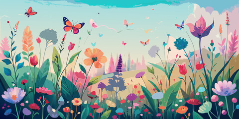 A colorful meadow of spring tulips and other flowers with a delicate butterfly flying over the grass, perfect for a floral design or garden card