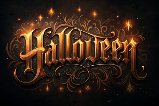 Ornate golden halloween text with flickering lights and dark background