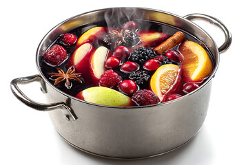 Warm spiced mulled wine simmers in a pot with seasonal fruits and fragrant spices for a festive and comforting holiday drink to share with loved ones
