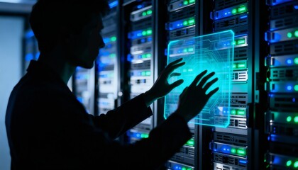 Photograph of an IT technician silhouette using a holographic interface in a data center.