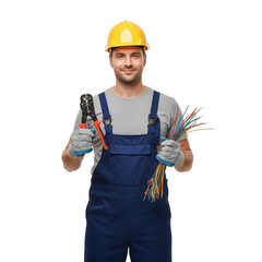 A smiling male electrician wearing a yellow hard hat and blue overalls holding wire cutters and a bundle of wires isolated on transparent background
