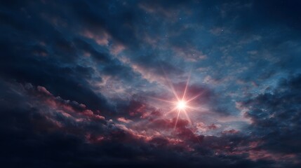 Fototapeta premium A radiant star with glowing corona and stellar flares illuminates a dramatic twilight sky filled with dark colorful clouds