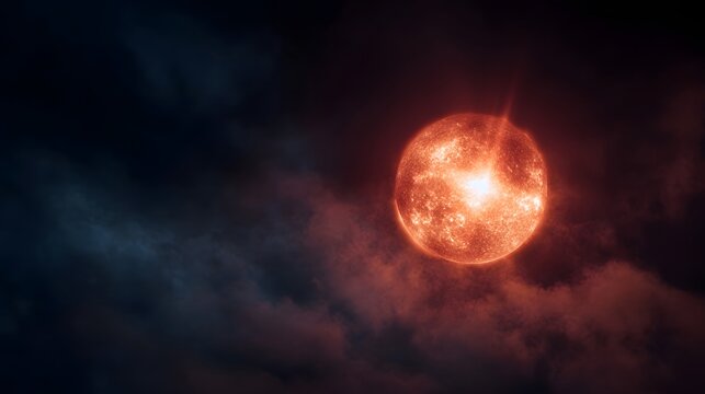 A radiant fiery sun with dramatic flares shines intensely through dark smoky clouds at dusk - Powered by Adobe