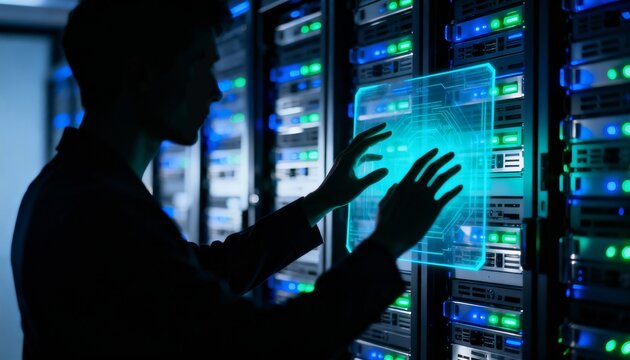 Photograph of an IT technician silhouette using a holographic interface in a data center. - Powered by Adobe