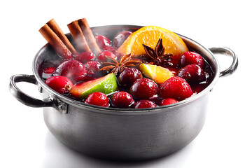 Festive cranberry citrus holiday punch simmering with cinnamon sticks and star anise, offering warmth and cheer, perfect for cozy winter gatherings
