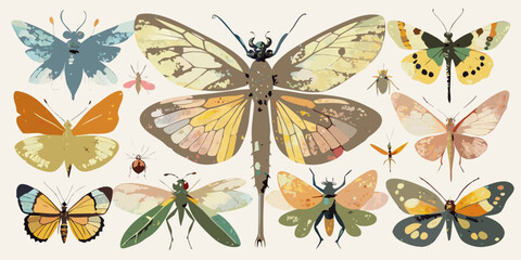 A vibrant collection of isolated butterfly wings and insects in yellow, blue, black, and orange on a white background