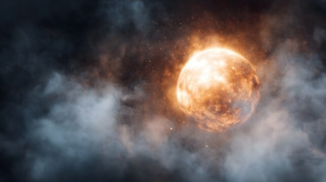 A brilliant fiery celestial orb glowing intensely amidst cosmic clouds and stellar dust - Powered by Adobe
