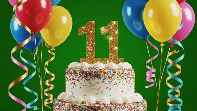 Celebrate an 11th birthday milestone with vibrant balloons, confetti, and a delicious cake, perfect for invitations, promotions, or fun social media content.