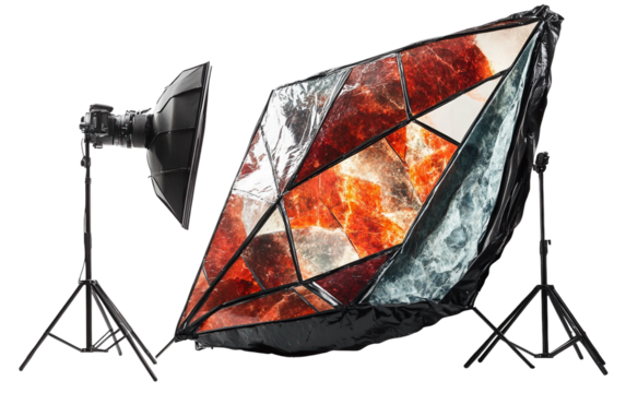 Behind the scenes view of a photographer working on product photography setup for Cyber Monday digital advertising isolated on white background PNG