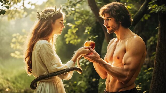The beautiful Eve, entwined with a serpent, offers Adam an apple in Eden