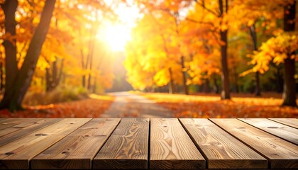 Autumnal Splendor - A Wooden Table Overlooking a Sun-Kissed Forest.