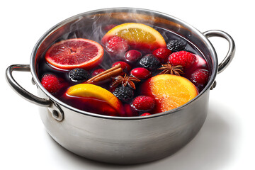 Steaming pot of festive mulled wine with oranges, cranberries, raspberries, blackberries, cinnamon and star anise evoking holiday warmth and cheer