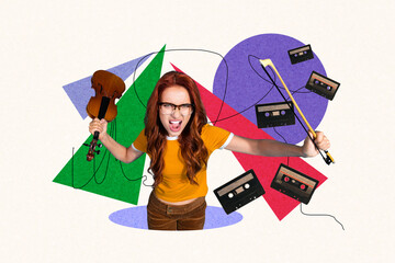 Full sketch 3d collage poster of happy girl composer hold violin retro cassette concert performance celebration party event