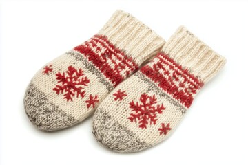 Knitted wool mittens with red snowflake pattern, cozy winter accessory isolated on white background.