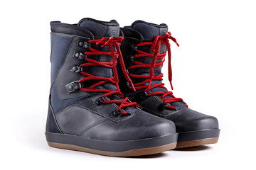 Stylish snowboarding boots with vibrant red laces, perfect for winter sports enthusiasts seeking comfort and performance on the slopes this ski season