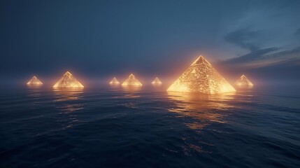 Mystical luminous pyramids emerge from calm dark waters at twilight a spectacular sight