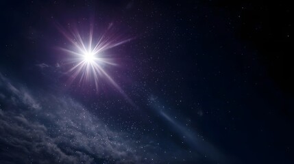 Obraz premium A brilliant star shines brightly in the dark star filled night sky casting radiant light rays