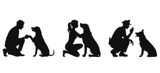 People and dogs interaction silhouettes