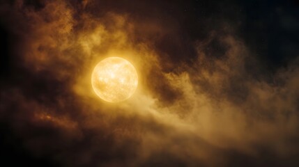 A dramatic glowing sun or star peers through swirling dark and orange cosmic clouds