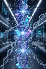 3D render of DNA helix and test tubes in a futuristic genetic research laboratory.