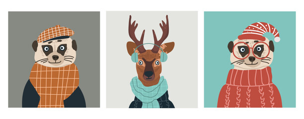 Animals avatars set, cute portraits, user profiles, hand drawn vector illustration.