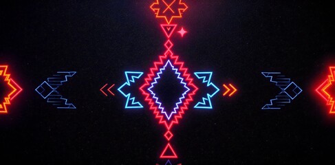 Digital art of a glowing neon tribal pattern with geometric shapes on a dark background.