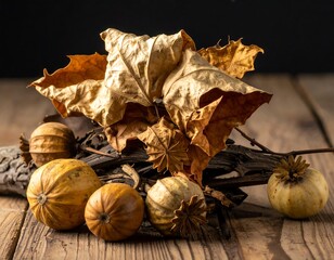 Autumn Still Life with Dried Leaves and Seed Pods.