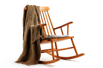 Relaxing rustic rocking chair with cozy brown knitted blanket, perfect for home comfort and vintage style decor ads, promoting relaxation and peaceful moments