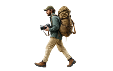 Photographer with film camera and backpack walking outdoors capturing vintage analog photography moments isolated on white background PNG