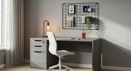 Stylish Home Office Interior Featuring Desk with Grid Organizer and Neutral Decor, Elegant home office interior. Includes gray desk and grid wall organizer. Modern study area