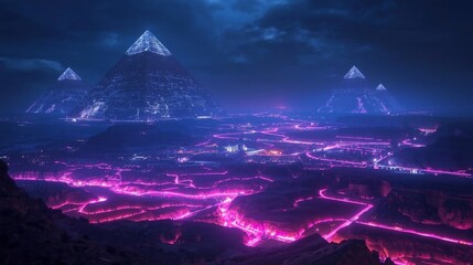 Enigmatic neon pyramids illuminate a sprawling cyberpunk future city at dusk
